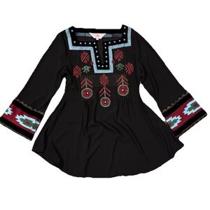 Roja Black Turquoise Embroidered Stones Western Boho Long Sleeve Blouse Size S